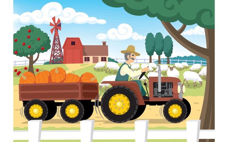 Download Иллюстрация "Farm - Illustration" / Farm - Illustration - Иллюстрация на тему графика farm,ranch,farmhouse,farmer,tractor,trailer,old,retro,agriculture,landscape,background,wallpaper,tree,apple,pumpkin,sheep,flock,house,barn,fence