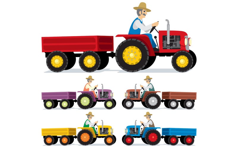 Download Иллюстрация "Farmer - Illustration" / Farmer - Illustration - Иллюстрация на тему графика farmer,tractor,trailer,old,retro,vector,cartoon,illustration,red,blue,isolated,white,background,clip art,clipart,design element