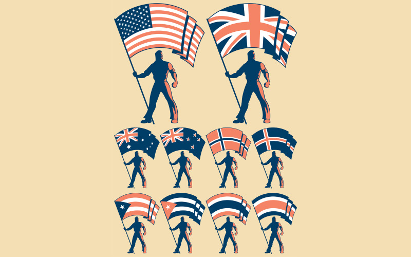 Download Иллюстрация "Flag Bearer 2 - Illustration" / Flag Bearer 2 - Illustration - Иллюстрация на тему графика flag,standard,banner,ensign,bearer,man,silhouette,usa,united states of america,uk,united kingdom,australia,new zealand,norway,iceland,cuba,puerto rico