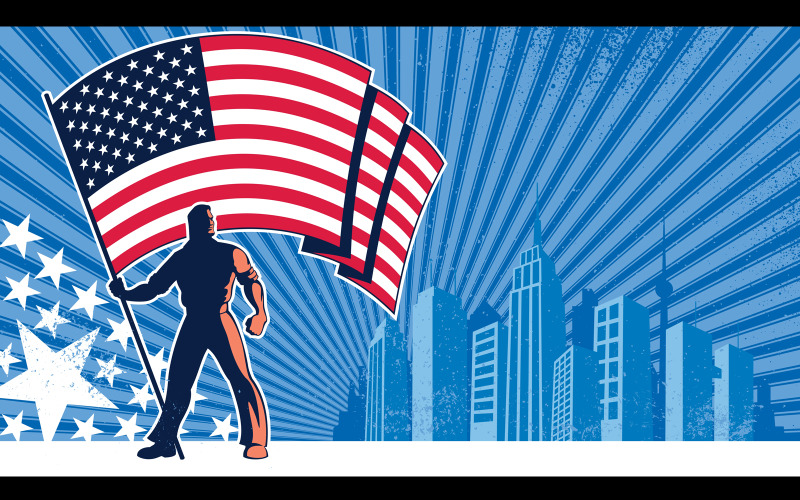 Download Иллюстрация "Flag Bearer USA Background - Illustration" / Flag Bearer USA Background - Illustration - Иллюстрация на тему графика flag,national,state,usa,us,united states,united states of america,america,american,standard,banner,background,ensign,bearer,man,silhouette,waving