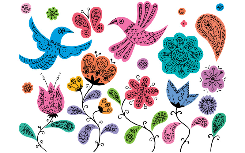 Download Иллюстрация "Floral Doodles - Illustration" / Floral Doodles - Illustration - Иллюстрация на тему графика doodle,floral,flower,pattern,plant,bird,butterfly,blossom,sketch,hand,draw,drawn,drawing,cartoon,line,art,lineart,abstract,symbol,style