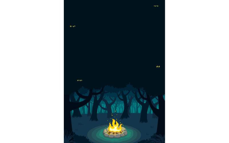 Download Иллюстрация "Forest Campfire Poster - Illustration" / Forest Campfire Poster - Illustration - Иллюстрация на тему графика campfire,bonfire,fire,fireplace,flame,camping,stone,circle,rock,burning,forest,night,tree,outdoor,sparks,firewood,wood,vector,cartoon,illustration