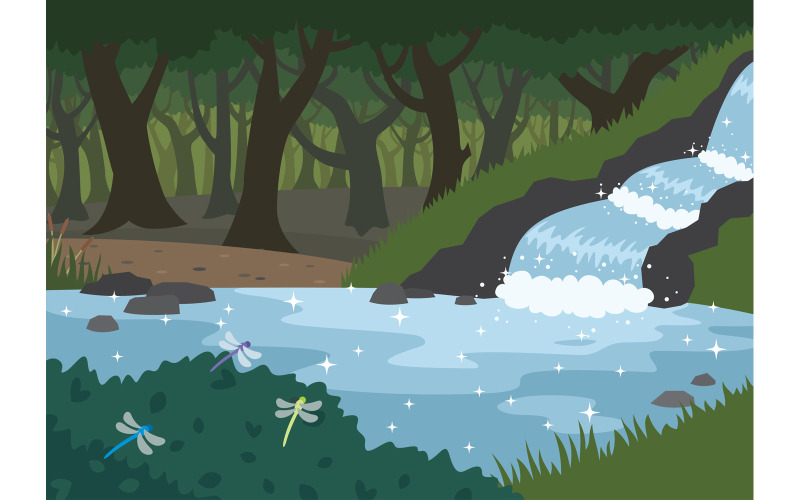 Download Иллюстрация "Forest - Illustration" / Forest - Illustration - Иллюстрация на тему графика forest,nature,landscape,background,spring,brook,stream,waterfall,river,lake,tree,bush,reed,juncus,rush,dragonfly,odonata,damselfly,insect,fantasy