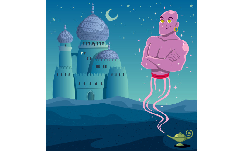 Download Иллюстрация "Genie 2 - Illustration" / Genie 2 - Illustration - Иллюстрация на тему графика genie,jinn,jinni,djinn,magic lamp,oil lamp,lamp,magic,wish,command,character,servant,slave,castle,stronghold,fort,desert,arabian,arabic,oriental