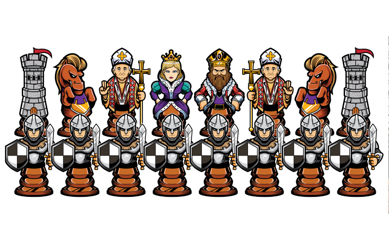 Download Иллюстрация "Chess Cartoon Figures - Illustration" / Chess Cartoon Figures - Illustration - Иллюстрация на тему графика chess,game,strategy,piece,figure,set,symbol,mascot,sign,logo,politics,pawn,rook,knight,bishop,queen,king,horse,castle,tower