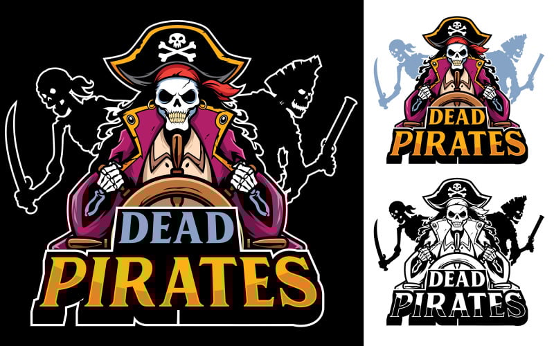 Download Иллюстрация "Dead Pirates Mascot 2 - Illustration" / Dead Pirates Mascot 2 - Illustration - Иллюстрация на тему графика pirate,pirates,skull,bones,skeleton,dead,ghost,zombie,caribbean,mascot,logo,team,steering wheel,wheel,helm,rudder,ship,sailboat,wooden,boat