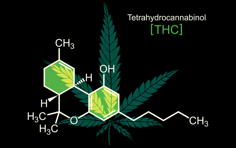 THC-molecuul op zwart - illustratie