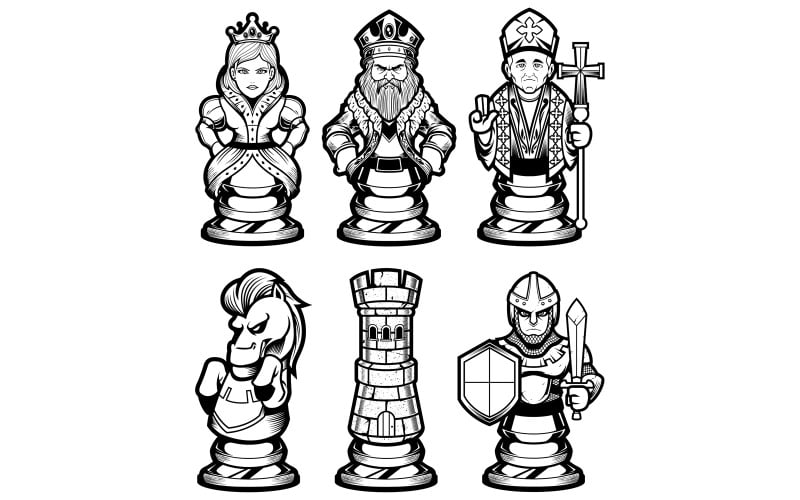 Download Иллюстрация "Chess Pieces Set Black and White - Illustration" / Chess Pieces Set Black and White - Illustration - Иллюстрация на тему графика chess,game,strategy,piece,figure,black,set,symbol,mascot,sign,logo,politics,pawn,rook,knight,bishop,queen,king,horse,castle