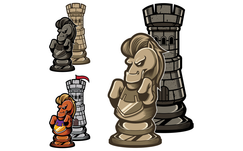 Download Иллюстрация "Chess Rook and Knight - Illustration" / Chess Rook and Knight - Illustration - Иллюстрация на тему графика chess,game,strategy,piece,figure,symbol,mascot,sign,logo,politics,concept,knight,horse,rook,tower,castle,stone,rock,play,competition