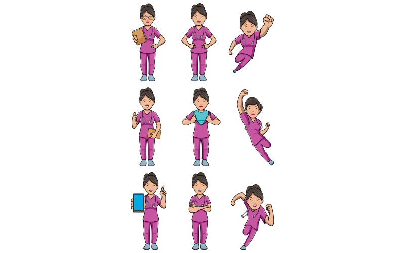 Infirmière, asiatique, femme, ensemble, -, illustration