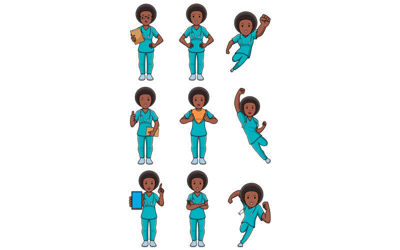 Download Иллюстрация "Nurse African Female Set - Illustration" / Nurse African Female Set - Illustration - Иллюстрация на тему графика nurse,registered nurse,doctor,medical,defender,protector,savior,medicine,hospital,clinic,woman,character,person,female,under cover,flying,african,african american,black,healthcare