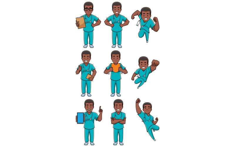Download Иллюстрация "Nurse African Male Set - Illustration" / Nurse African Male Set - Illustration - Иллюстрация на тему графика nurse,registered nurse,doctor,medical,defender,protector,savior,medicine,hospital,clinic,man,character,person,male,under cover,flying,african,african american,black,healthcare