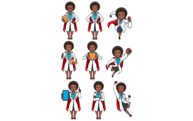 Download Иллюстрация "Super Doc African Female Set - Illustration" / Super Doc African Female Set - Illustration - Иллюстрация на тему графика doctor,medical,super,superhero,power,comic book,comic,comic strip,action,figure,strength,defender,protector,savior,medicine,hospital,clinic,woman,character,person