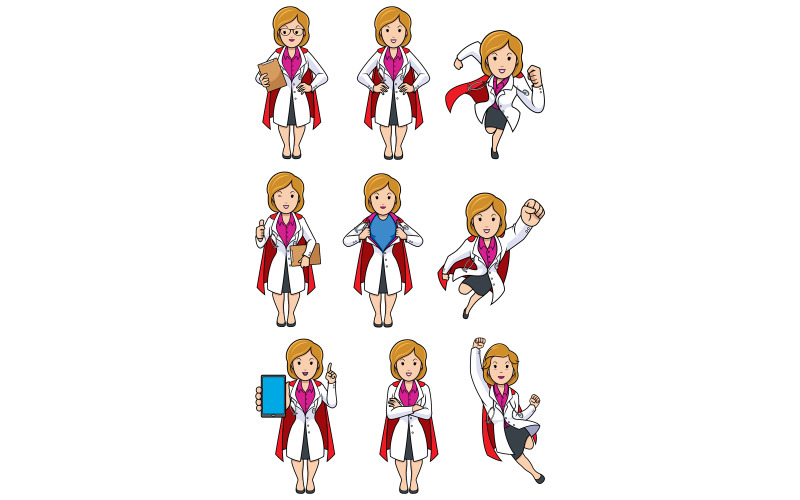 Download Иллюстрация "Super Doc Caucasian Female Set - Illustration" / Super Doc Caucasian Female Set - Illustration - Иллюстрация на тему графика doctor,medical,defender,protector,savior,medicine,hospital,clinic,woman,character,person,female,under cover,flying,caucasian,healthcare,health,care,worker,profession