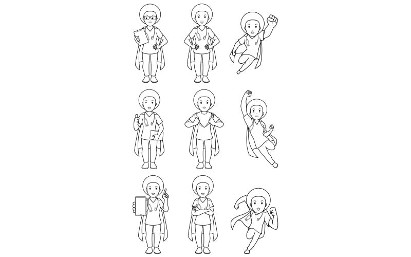Download Иллюстрация "Super Nurse African Female Line Art - Illustration" / Super Nurse African Female Line Art - Illustration - Иллюстрация на тему графика nurse,registered nurse,doctor,medical,coloring,book,page,coloring book,coloring page,super,superhero,power,comic book,comic,comic strip,strength,medicine,hospital,clinic,woman