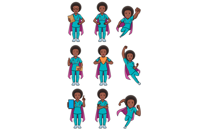 Download Иллюстрация "Super Nurse African Female Set - Illustration" / Super Nurse African Female Set - Illustration - Иллюстрация на тему графика nurse,registered nurse,doctor,medical,super,superhero,power,comic book,comic,comic strip,action,figure,strength,defender,protector,savior,medicine,hospital,clinic,woman