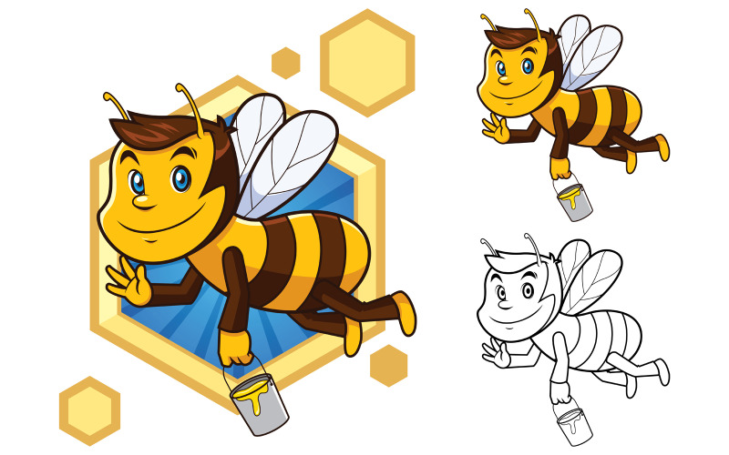 Download Иллюстрация "Honey Bee Mascot - Illustration" / Honey Bee Mascot - Illustration - Иллюстрация на тему графика honey,bee,beehive,hive,mascot,symbol,cartoon,character,happy,smiling,cheerful,flying,food,sting,wing,insect,bucket,drawing,funny,friendly
