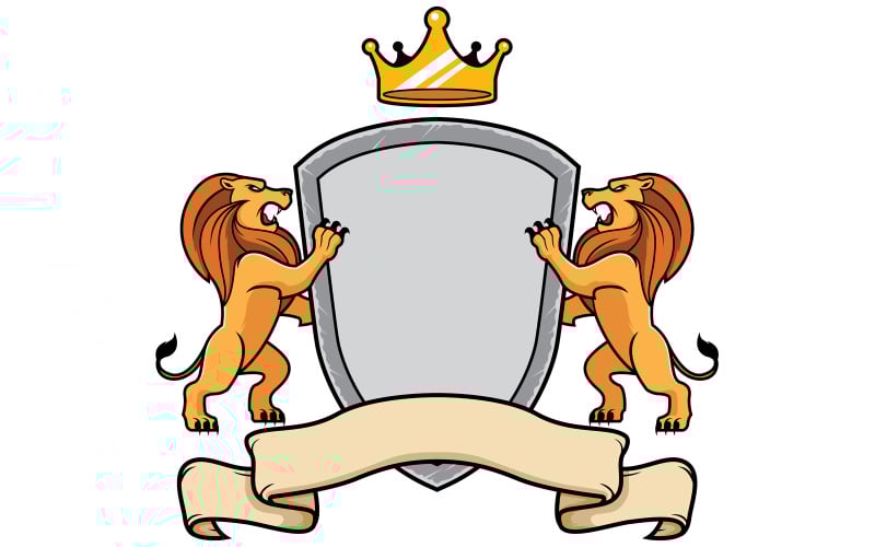 Download Иллюстрация "Lions Holding Shield - Illustration" / Lions Holding Shield - Illustration - Иллюстрация на тему графика insignia,coat of arms,coat armor,crest,armorial bearings,lion,crown,ribbon,shield,state,royal,feudal,lord,mascot,logo,team,warrior,medieval,history,fantasy