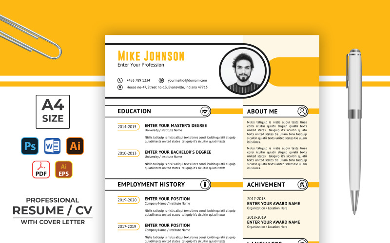 Download Резюме "Mike Johnson Creative Professional CV Resume Template" / Mike Johnson Creative Professional CV Resume Template - Резюме на тему графика a4,awards,clean,clean cv,clean resume,creative,curriculum vitae,cv,cv template,design,job resume,minimalist,modern,photoshop,word,ms word,creative resume,creative cv,resume,johnson