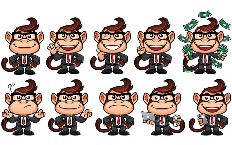 Download Иллюстрация "Monkey Business Set - Illustration" / Monkey Business Set - Illustration - Иллюстрация на тему графика monkey,business,businessman,business monkey,monkey business,money,cash,rich,wealth,cartoon,set,pack,collection,pose,mascot,symbol,suit,tie,costume,manager