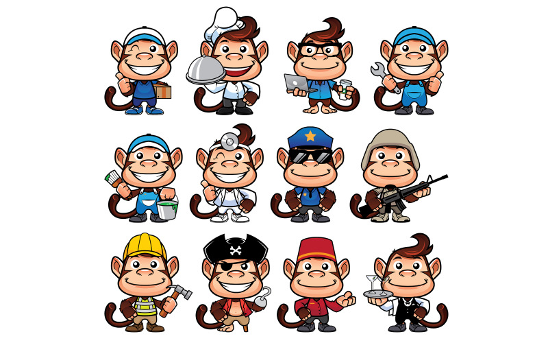Download Иллюстрация "Monkey Occupations Set - Illustration" / Monkey Occupations Set - Illustration - Иллюстрация на тему графика monkey,cartoon,set,pack,collection,pose,mascot,symbol,little,occupation,job,profession,professional,work,worker,working,delivery man,delivery guy,cook