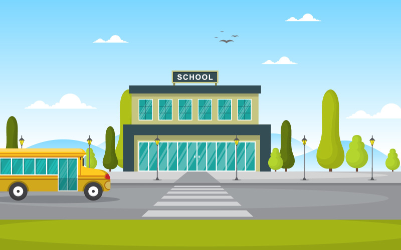Bâtiment scolaire avec bus - Illustration
