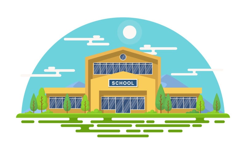 Download Иллюстрация "Building School Exterior - Illustration" / Building School Exterior - Illustration - Иллюстрация на тему графика school,education,building,park,outdoor,landscape,cartoon,illustration,vector,high,exterior,flat,entrance,front,study,art,city,grass,view,library