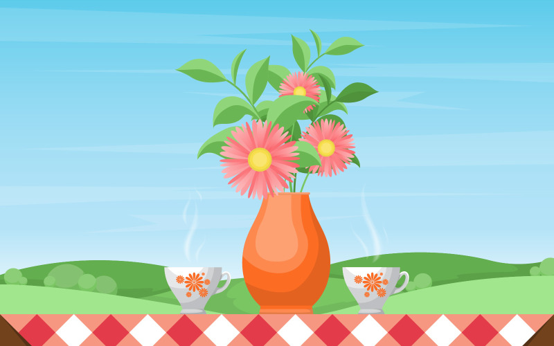 Download Иллюстрация "Cup of Tea - Illustration" / Cup of Tea - Illustration - Иллюстрация на тему графика cups,tea,table,outdoor,nature,landscape,sky,view,illustration,vector,hot,vase,flowers,hills,tablecloth,drink,cafe,organic,object,beverage