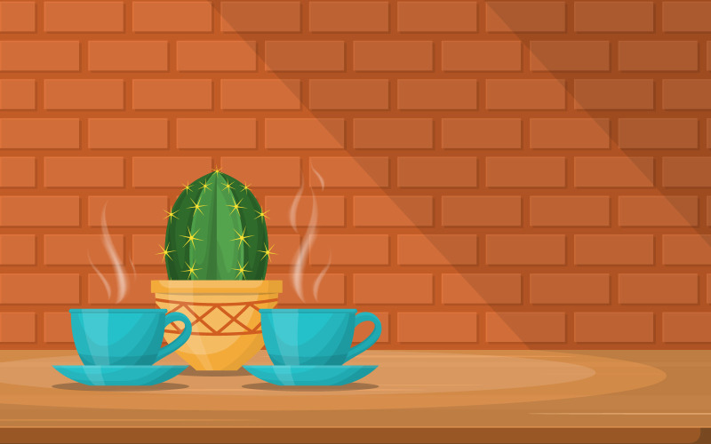 Download Иллюстрация "Cups  Hot Tea - Illustration" / Cups  Hot Tea - Illustration - Иллюстрация на тему графика cups,hot,tea,table,cactus,plant,brick,wall,illustration,vector,saucer,drink,cafe,organic,nature,object,beverage,healthy,cup,teapot