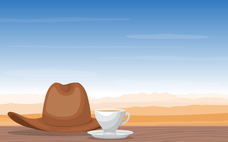 Download Иллюстрация "Desert Cowboy Tea - Illustration" / Desert Cowboy Tea - Illustration - Иллюстрация на тему графика cup,tea,cowboy,hat,desert,landscape,view,illustration,vector,saucer,drink,cafe,organic,nature,object,beverage,healthy,teapot,water,herb