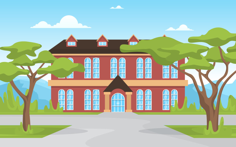 Download Иллюстрация "Education Building Landscape - Illustration" / Education Building Landscape - Illustration - Иллюстрация на тему графика school,education,building,park,outdoor,landscape,cartoon,illustration,vector,high,exterior,flat,entrance,front,study,art,city,grass,view,library