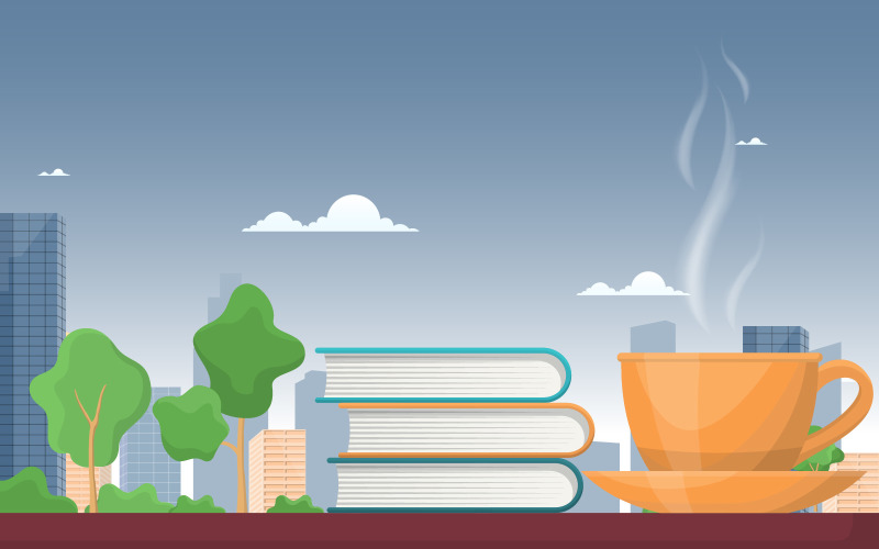 Download Иллюстрация "Hot Tea with Books - Illustration" / Hot Tea with Books - Illustration - Иллюстрация на тему графика cup,hot,tea,table,books,city,skyline,illustration,vector,trees,cityscape,clouds,saucer,drink,cafe,organic,nature,object,beverage,healthy