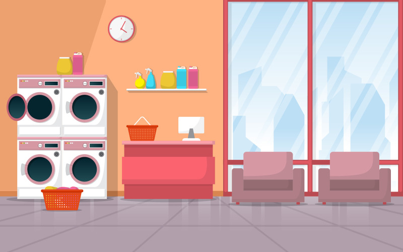 Download Иллюстрация "Laundromat Laundry Tool - Illustration" / Laundromat Laundry Tool - Illustration - Иллюстрация на тему графика clean,laundromat,washing,machine,laundry,tools,modern,interior,vector,illustration,wash,isolated,design,softener,water,technology,equipment,template,cloth,fabric
