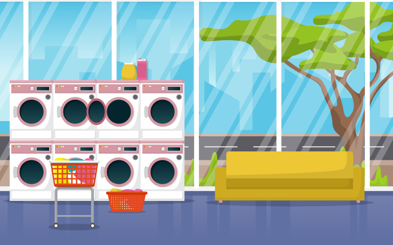 Download Иллюстрация "Modern Interior Laundromat - Illustration" / Modern Interior Laundromat - Illustration - Иллюстрация на тему графика clean,laundromat,washing,machine,laundry,tools,modern,interior,vector,illustration,wash,isolated,design,softener,water,technology,equipment,template,cloth,fabric
