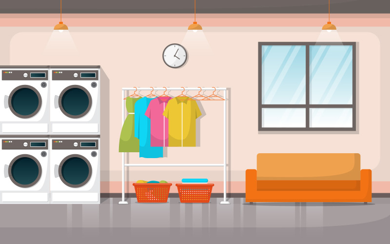 Download Иллюстрация "Modern Laundromat Interior - Illustration" / Modern Laundromat Interior - Illustration - Иллюстрация на тему графика laundromat,clothes,washing,machine,laundry,tools,interior,modern,vector,illustration,dirty,iron,creative,detergent,store,door,dress,drum,apparel,professional