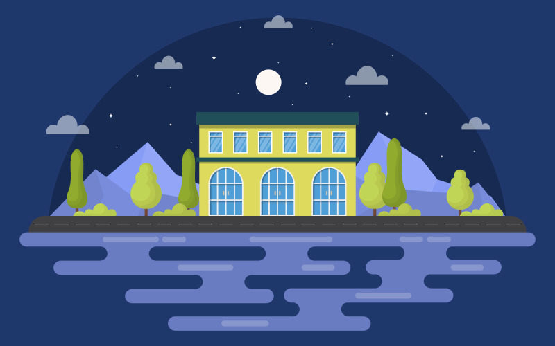 Download Иллюстрация "Night School Building - Illustration" / Night School Building - Illustration - Иллюстрация на тему графика school,education,building,night,outdoor,landscape,cartoon,illustration,vector,high,college,exterior,middle,flat,entrance,front,study,art,city,grass