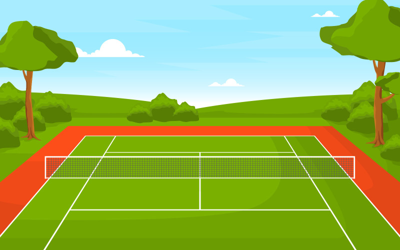 Download Иллюстрация "Outdoor Tennis Game - Illustration" / Outdoor Tennis Game - Illustration - Иллюстрация на тему графика outdoor,tennis,court,sport,game,recreation,cartoon,nature,landscape,illustration,vector,field,strength,fun,athletic,returning,outside,healthy,active,practicing