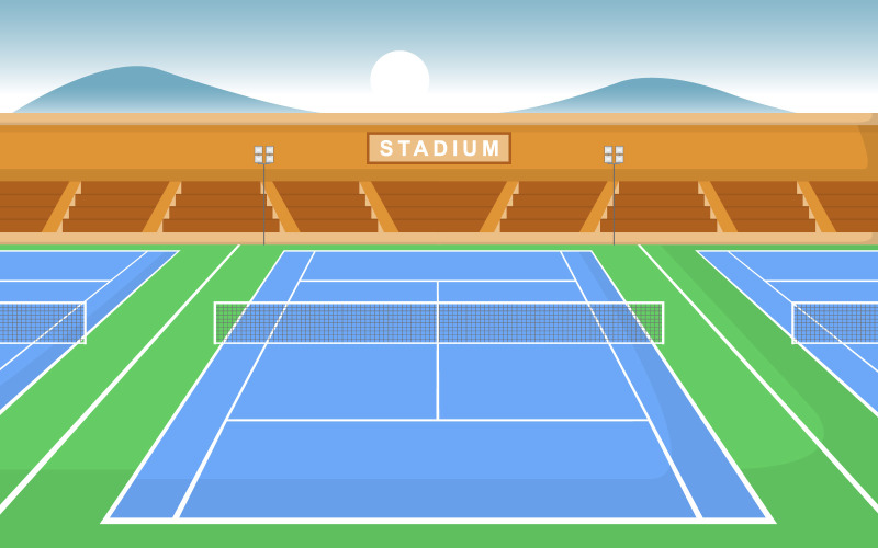 Download Иллюстрация "Outdoor Tennis Stand - Illustration" / Outdoor Tennis Stand - Illustration - Иллюстрация на тему графика outdoor,tennis,court,stands,sport,game,recreation,landscape,vector,illustration,stand,net,field,scenic,panoramic,clouds,perspective,design,stadium,sky