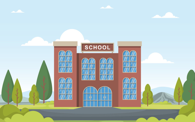 School Building Landscape - Illustration - TemplateMonster