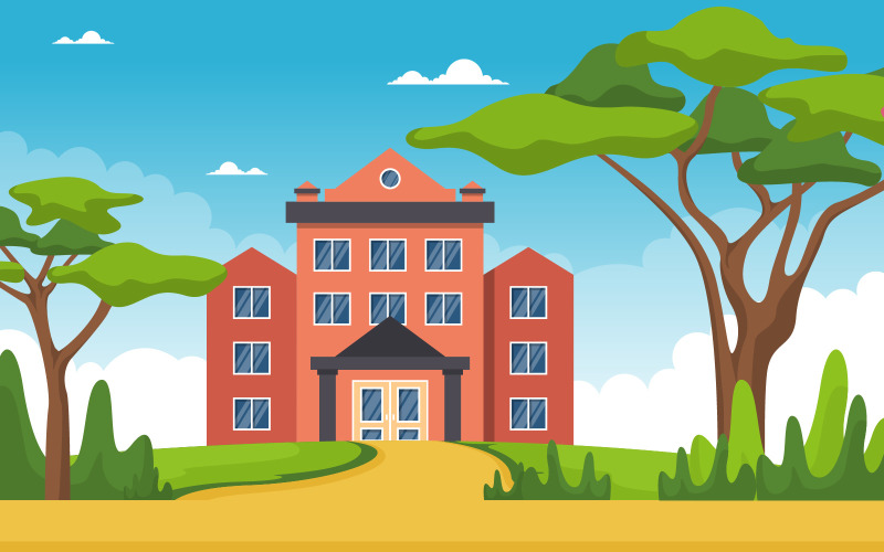Download Иллюстрация "School Building Outdoor - Illustration" / School Building Outdoor - Illustration - Иллюстрация на тему графика school,education,building,park,outdoor,landscape,cartoon,illustration,vector,high,exterior,flat,entrance,front,study,art,city,grass,view,library