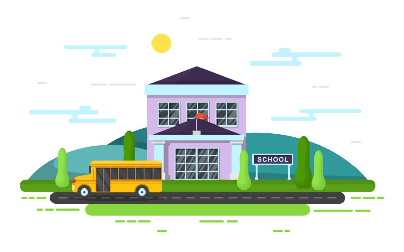 Download Иллюстрация "School Bus Education - Illustration" / School Bus Education - Illustration - Иллюстрация на тему графика school,education,building,bus,outdoor,landscape,cartoon,illustration,vector,high,college,exterior,middle,flat,entrance,front,house,study,art,city