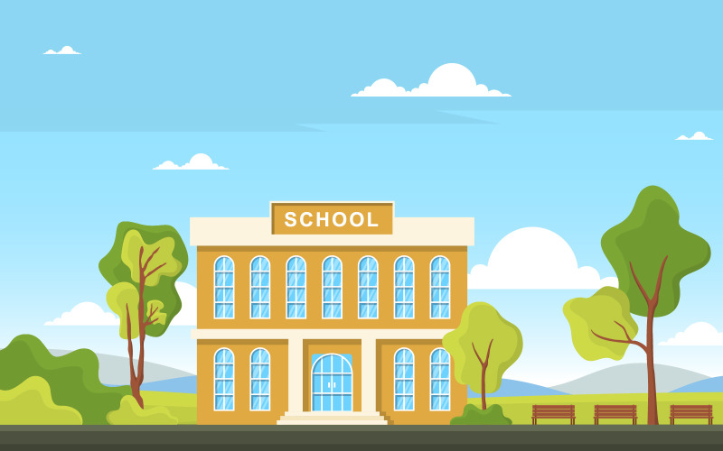 Download Иллюстрация "School Education Cartoon - Illustration" / School Education Cartoon - Illustration - Иллюстрация на тему графика school,education,building,outdoor,landscape,cartoon,illustration,vector,library,teacher,high,college,exterior,flat,entrance,front,study,art,city,grass