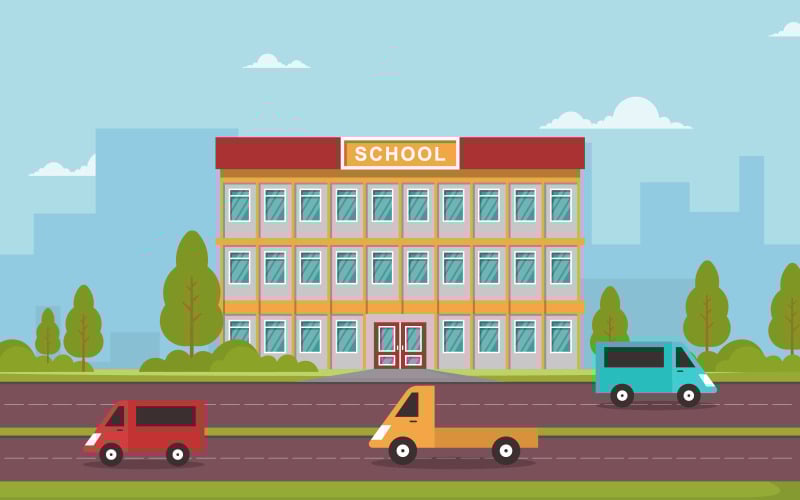 Download Иллюстрация "School Education Exterior - Illustration" / School Education Exterior - Illustration - Иллюстрация на тему графика school,education,building,outdoor,landscape,cartoon,illustration,vector,library,teacher,high,college,exterior,flat,entrance,front,study,art,city,grass