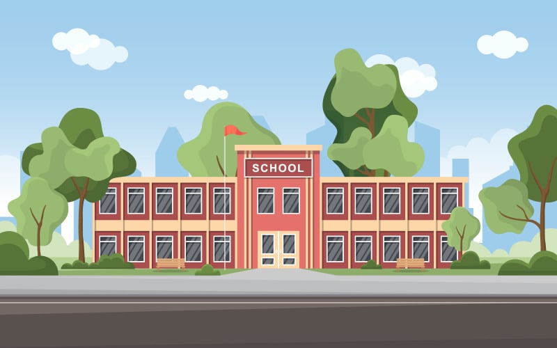 Download Иллюстрация "School Education Landscape - Illustration" / School Education Landscape - Illustration - Иллюстрация на тему графика school,education,building,outdoor,landscape,cartoon,illustration,vector,library,teacher,high,college,exterior,flat,entrance,front,study,art,city,grass