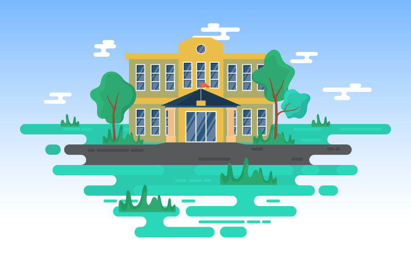 Download Иллюстрация "School Park Building - Illustration" / School Park Building - Illustration - Иллюстрация на тему графика school,education,building,park,outdoor,landscape,cartoon,illustration,vector,high,exterior,flat,entrance,front,study,art,city,grass,view,library