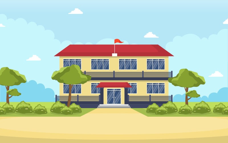 Download Иллюстрация "School Park Outdoor - Illustration" / School Park Outdoor - Illustration - Иллюстрация на тему графика school,education,building,park,outdoor,landscape,cartoon,illustration,vector,high,exterior,flat,entrance,front,study,art,city,grass,view,library