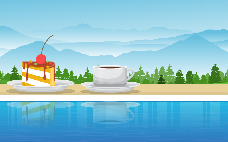 Download Иллюстрация "Tea and Snack by Pool - Illustration" / Tea and Snack by Pool - Illustration - Иллюстрация на тему графика cup,tea,snack,pool,mountain,nature,view,illustration,vector,cake,trees,pines,water,pie,saucer,drink,cafe,organic,object,beverage