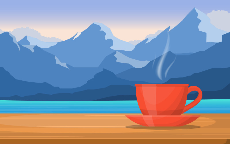 Download Иллюстрация "Teatime Mountain View - Illustration" / Teatime Mountain View - Illustration - Иллюстрация на тему графика cup,tea,table,mountain,lake,sea,view,illustration,vector,peak,saucer,drink,cafe,organic,nature,object,beverage,healthy,teapot,water
