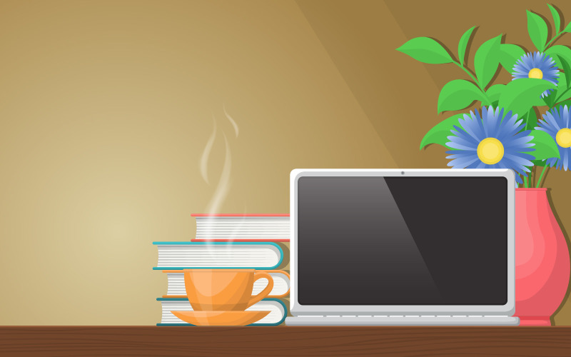 Download Иллюстрация "Teatime Work Office - Illustration" / Teatime Work Office - Illustration - Иллюстрация на тему графика cup,tea,workbench,office,work,table,laptop,illustration,books,vector,leaf,flower,saucer,drink,cafe,organic,nature,object,beverage,healthy