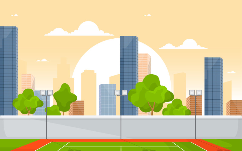 Download Иллюстрация "Tennis Game Recreation - Illustration" / Tennis Game Recreation - Illustration - Иллюстрация на тему графика outdoor,tennis,court,sport,game,recreation,cartoon,city,landscape,fitness,playground,player,grass,isometric,stadium,perspective,nobody,exercise,illustration,field